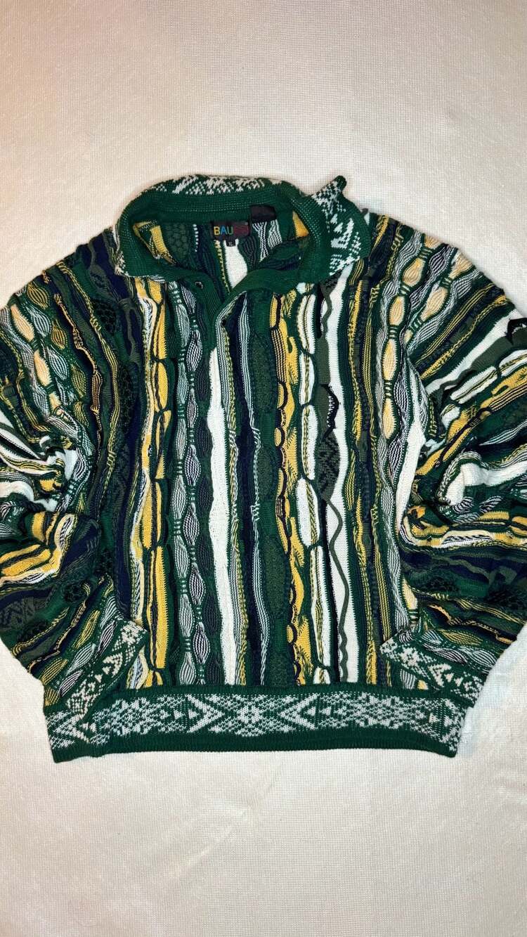 Baucci Vintage 90s Green and Yellow 3D Textured Knit Sweater